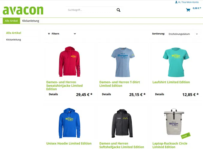 Avacon Gutscheinshop-Oberfläche
